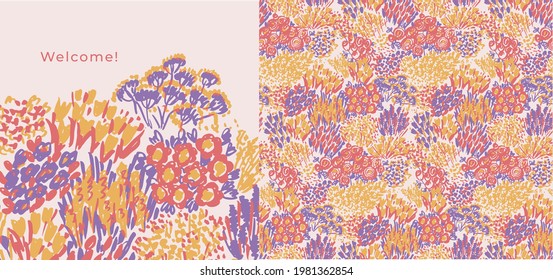 Abstract shabby flower garden seamless pattern. Floral textile vector tile rapport for fabric, textile, print, web, social posts, summer decor.
