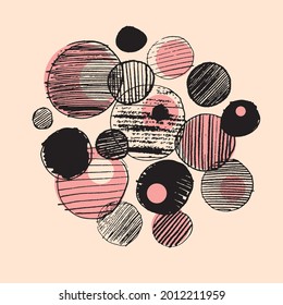 Abstract shabby round circle composition in black and vintage pink rose color. Vector poster, cars, cover, etc template. Hand drawn graphic element with rings and circles.