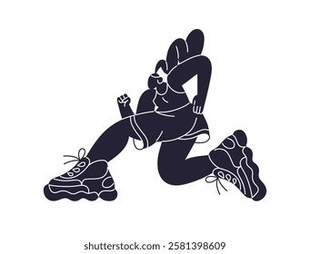 Abstract shadow of sportswoman in sports sneakers runs marathon. Black silhouette of runner jogging sprint fast. Jogger rushing, does cardio training. Flat isolated vector illustration on white