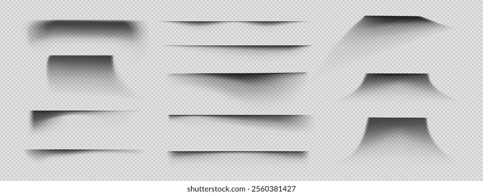 Abstract shadows set isolated on transparent background. Vector realistic illustration of grainy geometric black and gray shades of square shape and lines on floor, wall, cut borders on empty surface