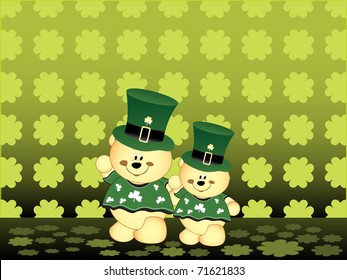 abstract shamrock pattern background with set of cute taddy leprechaun