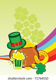 abstract shamrock, rainbow background with earthenware, leprechaun hat, beer mug and horseshoe