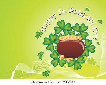 abstract shamrock, wave background with gold coins earthenware