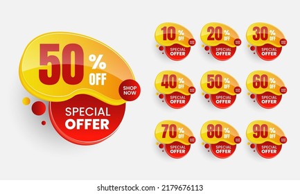 Abstract shape 3d sale tags with different discount sets. 10, 20, 30, 40, 50, 60, 70, 80, and 90 percent. Vector illustration of a badge sticker label. Isolated on a white background
