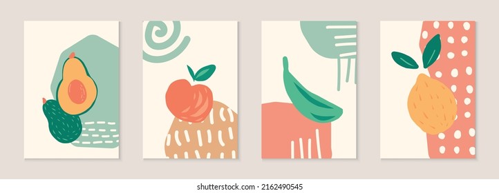 Abstract shape arts vector illustrations background with summer fruit design. Set of natural templates, covers, posters, greeting cards, frames, backgrounds in doodle style