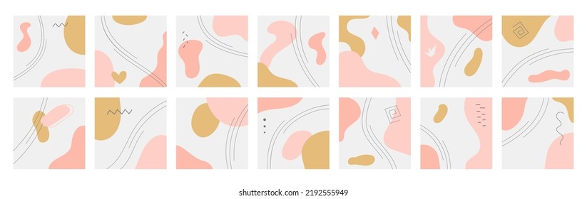 Abstract shape background, doodle pattern geometric collection. Bright cartoon graphic round organic forms and spirals grid. Pastel colors. Social media post template set. Vector simple design