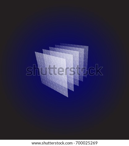 Abstract shape. Blue geometric visualization, layers cube. 3d architecture vector illustration