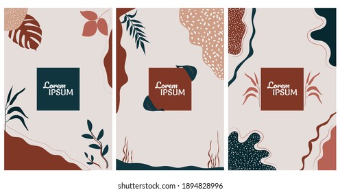 abstract shape and botanical leaves for background, cover, flyer set