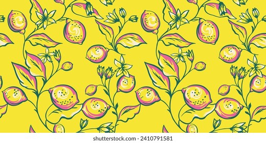 Ramas abstractas de forma hojas con limón, flores sin costura. Pincel de boceto dibujado a mano con vectores floral. Sencillos tallos de hojas de verano en una impresión amarilla. Diseño para tela, moda, papel pintado