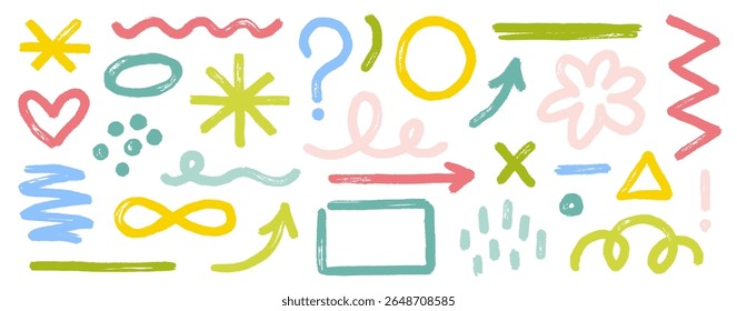 Conjunto de pintura de pincel de forma Abstractas. Dibujado a mano marcador de crayón trazo forma abstracta flecha, blob, textura de línea. Marcador doodle flecha, iconos de asterisco geométrico en color de fondo grunge. Ilustración vectorial
