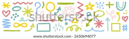 Abstract shape brush paint set. Hand drawn crayon marker stroke abstract shape arrow, blob, line texture. Marker doodle arrow, geometric asterisk icons in color grunge background. Vector illustration