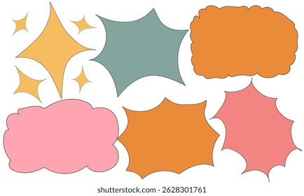 Abstract shape bubles shape text frames. Vector set of doodle retro vintage style bubbles. Wavy rectangular and square textboxes. Playful fun banner background.