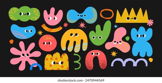 Abstract shape character. Naive amorphous objects with funny faces. Colorful childish figures, cloud, star and wavy shapes for kids game. Retro simple forms. Doodle vector set