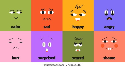 Personajes de forma Abstractas con emociones de cara. Nombres para entrenamiento sonrisa, calma, triste, feliz, enojado, vergüenza, asustado, sorprendido, herido. Formularios de Formas simples para pegatinas, tarjetas de felicitación, carteles, planificadores.