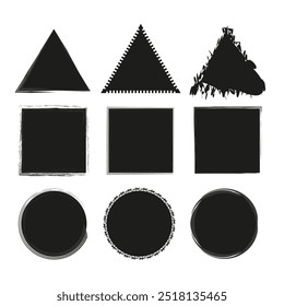 Abstract shape collection. Triangle, square, and circle icons. Grunge and decorative frames. Vector geometric symbols.