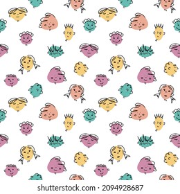 Abstract shape colorfull heads with funny scrawl face seamless pattern. Amusing kids background vector illustration