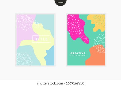 Abstract shape and colors background with fun doodle pattern. Modern vector pattern for funny brochure cover template design