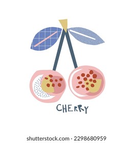 Abstract shape cutouts cherry berry fruit vector illustration. Scandinavian childish fruity summer pre-made print design.