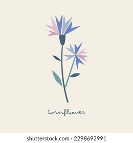 Abstract shape cutouts cornflower flower vector illustration. Minimalistic decorative floral summer spring pre-made print poster design.