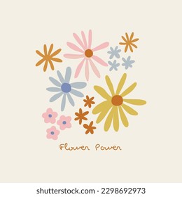 Abstract shape cutouts daisy flower power vector illustration. Minimalistic decorative floral summer spring pre-made print poster design.