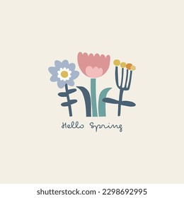 Abstract shape cutouts decorative flower hello spring text vector illustration. Minimalistic floral summer spring pre-made print poster design.