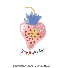 Abstract shape cutouts strawberry fruit vector illustration. Scandinavian childish fruity summer pre-made print design.