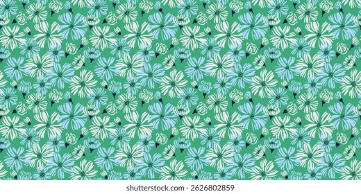  Abstract shape daisy flowers pattern on a green background. Vector hand drawn sketch. Stylized simple  floral print. Summer or spring meadow. Nature ornament design for fashion, fabric, textiles