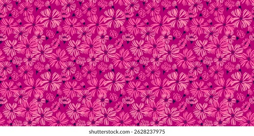  Abstract shape daisy flowers pattern. Vector hand drawn sketch. Stylized simple burgundy floral print. Summer meadow background. Nature ornament design for fashion, fabric, textiles