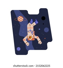 Abstract shape decorative banner design with astronaut in outer space, flat cartoon vector illustration isolated on white background. Future and space exploration.