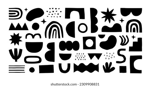 Abstract shape doodle collection. Funny geometric collage shapes. Modern element set in black and white. Creative decoration clip art bundle on isolated background.