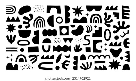 Abstract shape doodle collection. Funny geometric collage shapes. Modern element set in black and white. Creative decoration clip art bundle on isolated background.