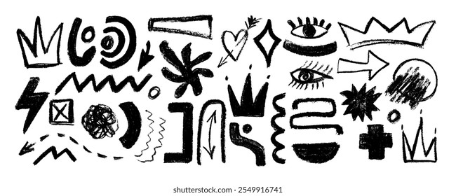 Coleção de rabiscos de forma abstrata. Formas de colagem geométrica engraçadas. Elemento moderno definido em estilo desenhado à mão. Decoração criativa clipart bundle em fundo isolado.
