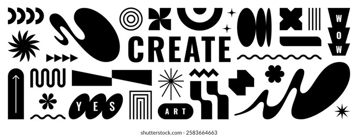 Abstract shape element icon set. Vector playful pattern sticker collection. Modern geometry forms for background. Graphic retro wavy logo figures and typography in black and white