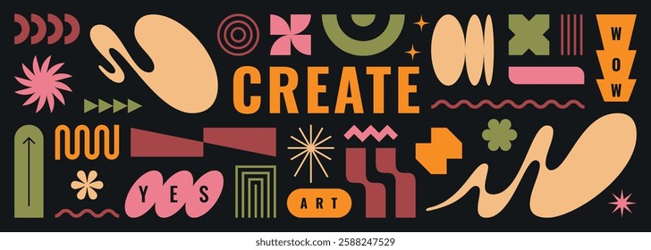 Abstract shape element icon set. Graphic retro wavy logo figures and typography. Brutalist aesthetics. Vector playful pattern sticker collection. Modern geometry forms for background