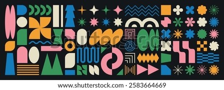 Abstract shape element icon set. Vector pattern sticker collection. Modern geometry grid forms for background design. Graphic retro simple logo figure, star, flower, circle, arch, oval