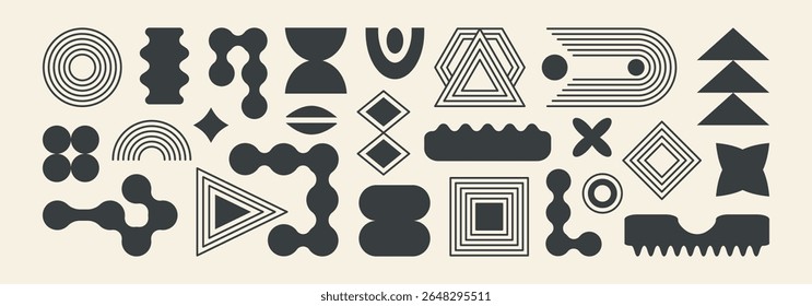 Abstract shape element, line brutalist figure, geometry set. Organic bauhaus retro form on beige bg. Minimal futuristic sticker, spiral frame mid century, basic black label. Simple vector illustration