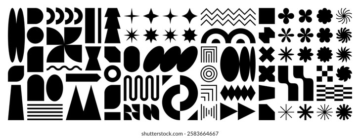 Abstract shape element set. Modern pattern sticker icon collection. Vector geometry grid forms for background design. Graphic retro simple logo figure, star, flower, circle, oval in black and white