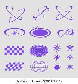 abstract shape element for street wear and y2k t shirt design, purple globe, star, oval sparkle star 