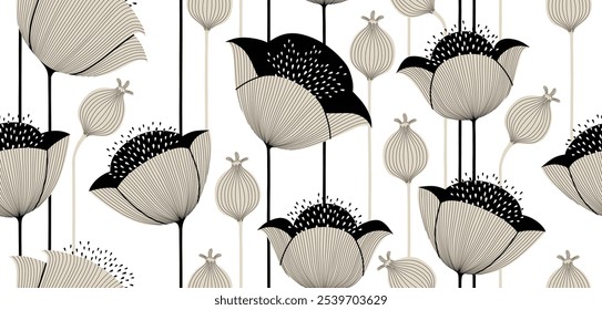 Abstract shape flower organic seamless pattern. black floral  geometric pattern on white background. flower pattern.