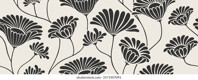 Abstract shape flower organic seamless pattern. black floral leaves geometric pattern.