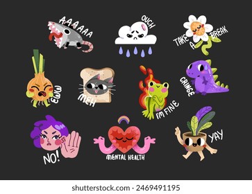 Abstract shape funny cartoon characters. A set of collections of various emotions and motions. A disgruntled cat, a sad cloud, a screaming possum, a stressed frog, a no girl, a meditating heart.