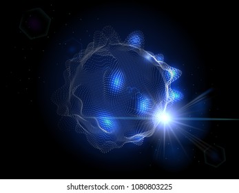 Abstract shape glowing with lens flare light sun. Vector futuristic grid. Technology concept.