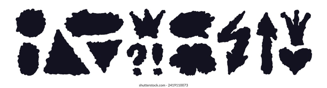 Abstract shape of grunge crown, paper cloud, ragged arrow in trendy style. Texture ripped paper silhouette. Vector graphic collection