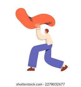 Abstract shape in hands of creative character. Young man carrying trendy organic figure in hands, holding big element. New business idea concept. Flat vector illustration isolated on white background
