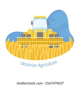 Abstract Shape With The Harvester in The Wheat Field on The Blue Sky Background. Vector Illustration in Colors of The Flag of Ukraine