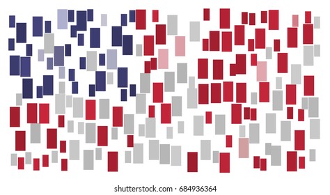 Abstract shape inspired from American flag - National flag of the United States of America made of small red, blue, white rectangles in various orientations and directions