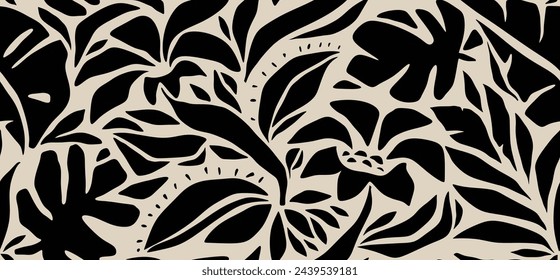 Abstract shape leaf and flower organic seamless pattern. black floral leaves geometric pattern on white background. leaves silhouette summer pattern modern vector style.