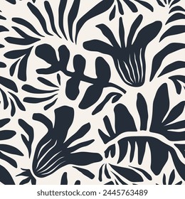 Abstract shape leaf and flower organic seamless pattern. black floral leaves geometric pattern on white background. leaves silhouette summer pattern modern vector style.