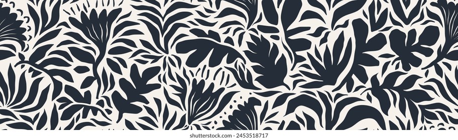 Abstract shape leaf and flower organic seamless pattern. black floral leaves geometric pattern on white background.