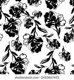 Abstract shape leaf and flower organic seamless pattern. black floral leaves geometric pattern on white background. leaves silhouette summer pattern modern vector style